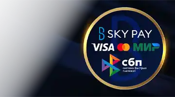 Image displaying popular payment logos like Visa, Mastercard, and MIR, along with Sky Pay, highlighting the payment flexibility at Lev Casino.